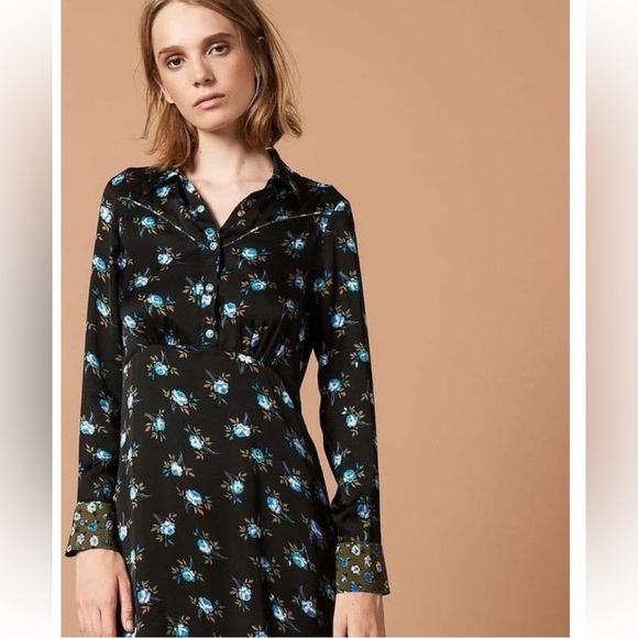 Sandro Paris Black Floral Button-Front Satin Dress- Size 38 (US 6) 100% Viscose - Picture 1 of 14